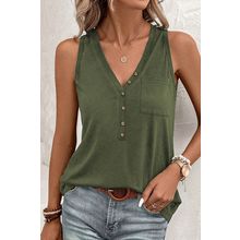 Jungle Green Half Button V Neck Patched Pocket Tank Top