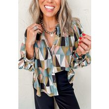 Green Geometric Print Buttoned Balloon Sleeve Loose Fit Shirt
