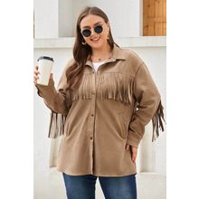Khaki Fringe Trim Plus Size Suede Shacket