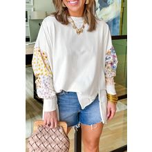 White Floral Dotted Mixed Print Patchwork Sleeve High Low Casual Sweatshirt