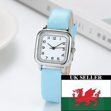 Ladies 2.6 cm White Square Face Silver Case Light Blue Leather Strap Watch