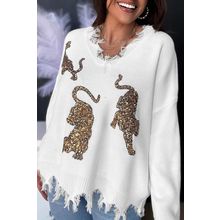 White Frayed Sequin Tiger Sweater