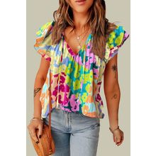 Multicolour Leopard Flutter Sleeve V Neck Crinkled Blouse