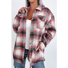 Pink Plaid Flap Pocket Button Up Shacket