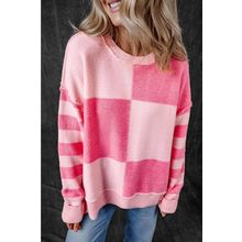 Pink Checkered Colorblock Striped High Low Loose Sweater