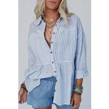 Sky Blue Stripe Ruffled Button up Long Sleeve Shirt