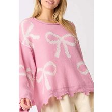 Pink Pearl Beaded Bowknot Pattern Distressed Split Hem Sweater