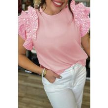 Light Pink Pearl Beaded Ruffle Short Sleeve Patchwork Ribbed Blouse