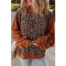 Brown Leopard Floral Print Ribbed Puff Sleeve Patchwork Loose Pullover