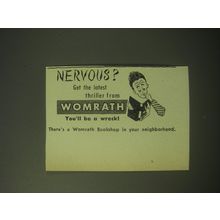 1948 Womrath Bookshop Ad - Nervous? Get the latest thriller from Womrath