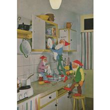 Garden Gnomes In Kitchen Washing Up Cleaning Postcard