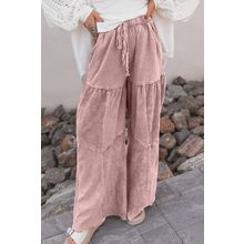 Straw Yellow Mineral Wash Tiered Wide Leg Patchwork Drawstring Pants
