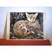 VIXEN FOX AND CUBS by Rita Whitaker enamel on copper used postcard Medici 1982 #