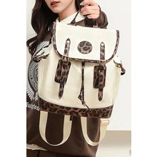 White Leopard Patchwork Flap PU Leather Large Backpack