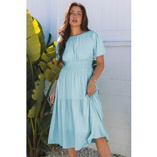 Light Blue Puff Sleeve Pleated High Waist Flowy Midi Dress