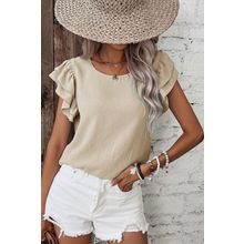 Beige Solid Color Ruffled Short Sleeve Casual Blouse