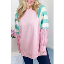 Bonbon Striped Colorblock Patchwork Raglan Pullover Top with Slits