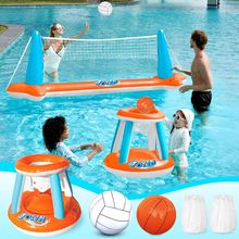 JOYIN XL Inflatable Pool Float Set, 125'' Volleyball Net & Basketball Hoops, Ext
