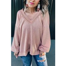 Peach Blossom Loose V Neck Bubble Sleeve Knit Ribbed Top
