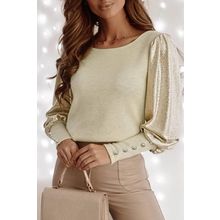 Khaki Buttoned Cuffs Shiny Puff Sleeves Top