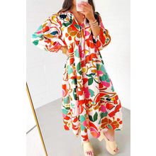 Orange Floral Print Split V Neck Tiered Maxi Dress