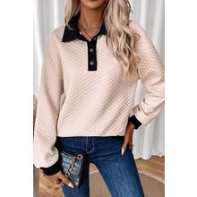 Oatmeal Textured Colorblock Edge Buttoned Collar Sweatshirt