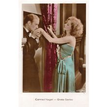 Conrad Nagel & Greta Garbo RARE Hand Coloured Photo Postcard