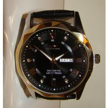 Men's Quartz Black Face - Day Date -Roman Numerals. Blacl Leather Strap,