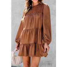 Chestnut Floral Lace Crochet Tiered Ruffled Mini Dress