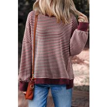 Red Stripe Ribbed Trim Drop Shoulder Long Sleeve Oversize Top