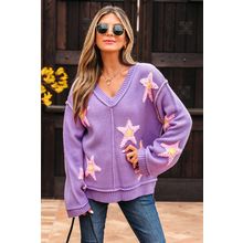 Lavendula Brushed Star Graphic V Neck Drop Shoulder Oversize Sweater