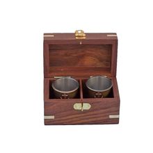 Antique Brass Anchor Shot Glasses With Rosewood Box 4"" - Set of 2
