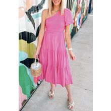 Strawberry Pink Asymmetric Puff Sleeve Smocked Bodice Tiered Midi Dress