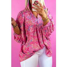 Purple Plus Size Floral Print Puff Sleeve V Neck Blouse