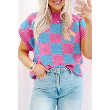 Sachet Pink Colorblock Plaid Pattern Ribbed Trim Sweater Tank Top