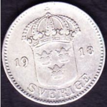 1918 Sweden 25 Ore Silver Coin