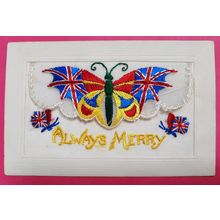 WW1 SILK EMBROIDERED POSTCARD BUTTERFLY UNION FLAG ALWAYS MERRY UNPOSTED