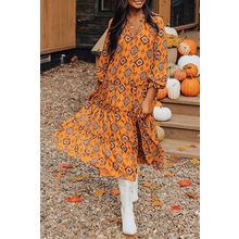 Orange Western Geometric Print Tiered Frilled Loose Fit Midi Dress