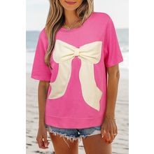 Strawberry Pink Contrasting Color Ribbon Bow Front Patch Loose Tee with Slits