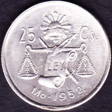 1952 Mexico 25 Centavos Silver Coin