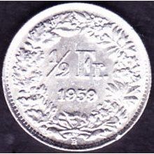 1959 B Switzerland 1 Half Franc Silver Coin