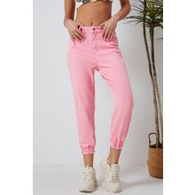 Pink Acid Wash Elastic Cuffed High Waist Jeans
