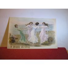 girls dancing on the beach by M Munk. unused antique postcard =