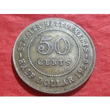 1920 George V 50 Cents - Straits Settlements, India.