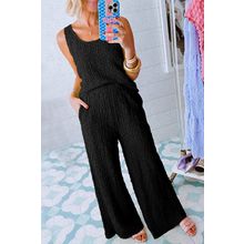 Black Crinkled U Neck Tank Top and Wide Leg Pants Set
