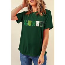 Green LUCKY Glitter Chenille Patched Crew Neck T Shirt