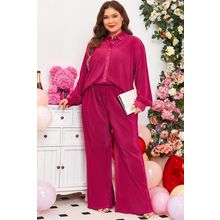 Rose Red Plus Size Ribbed Long Sleeve Shirt and Pants Pajama Set