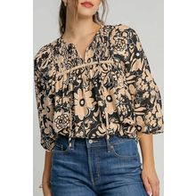 Black Floral Shirred Yoke Bracelet Sleeve Split Neck Boho Blouse