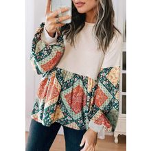 Jet Stream Paisley Geometric Patchwork Crew Neck Loose Fit Top