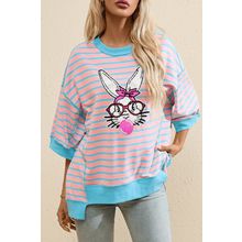 Pink Stripe Easter Rabbit Graphic Contrast Banded Drop Shoulder Tee